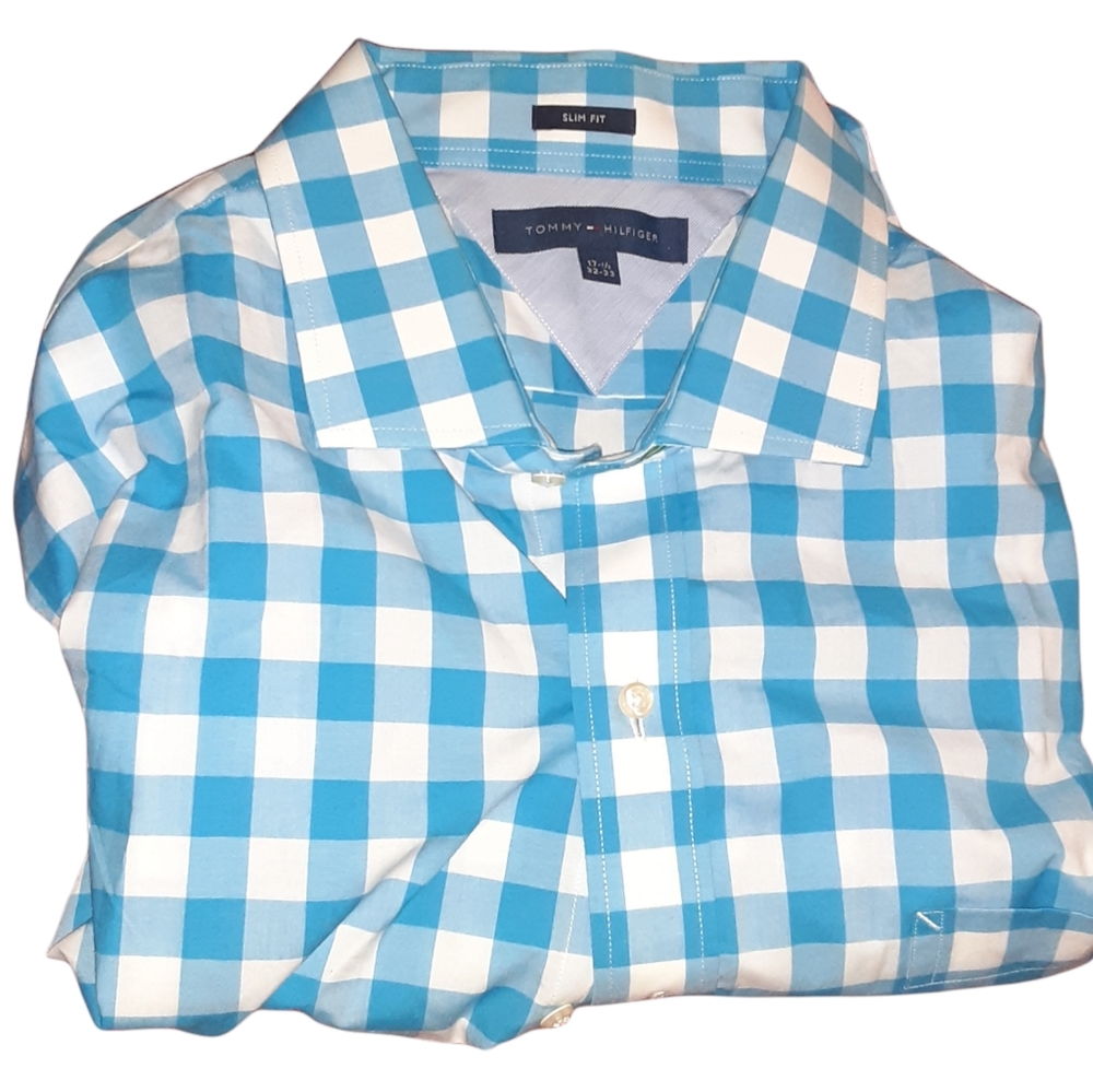 Tommy Hilfiger Men's Checker Print Blue Button Down Size 17 1/2